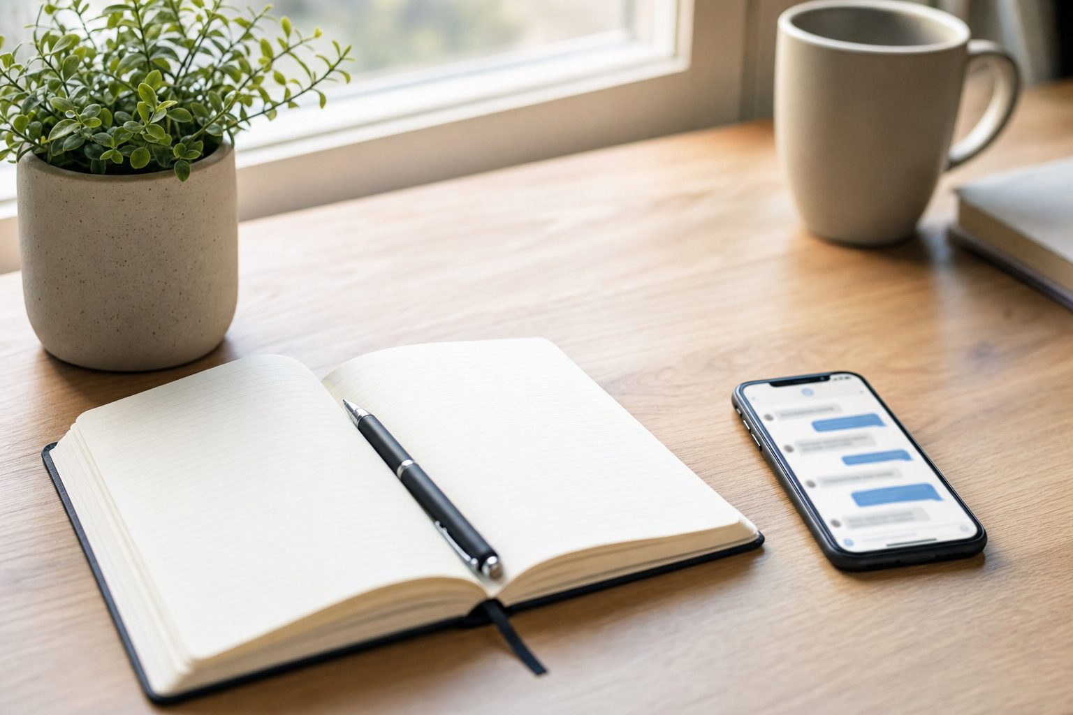 Illustrative desk scene with a notebook and phone, representing getting in touch