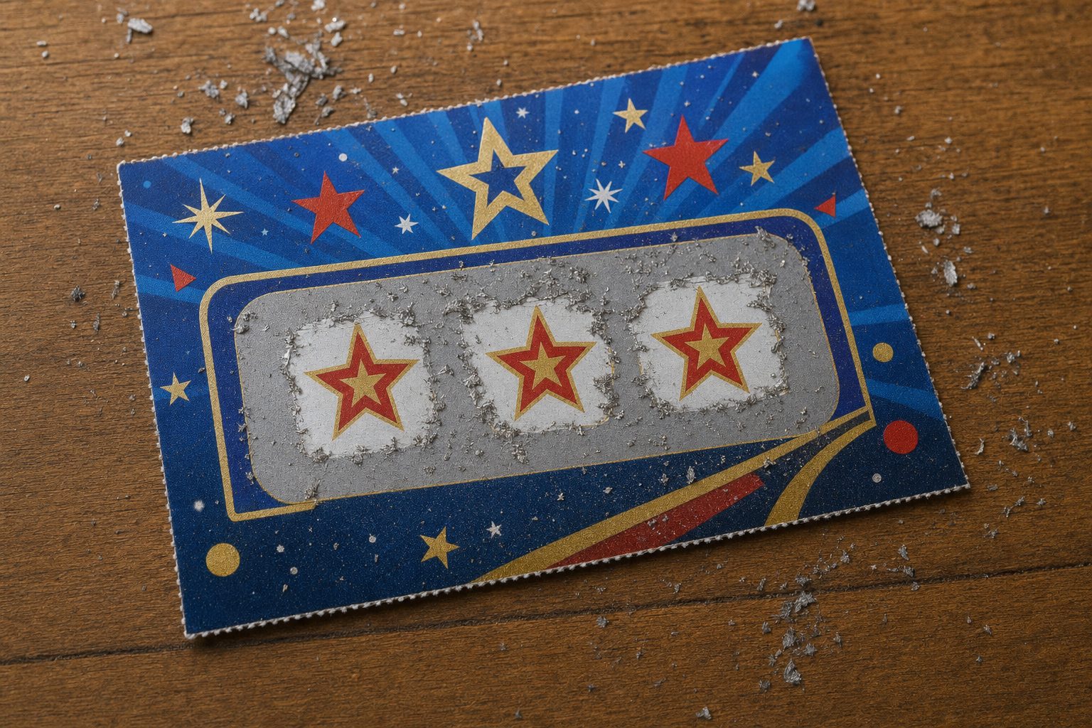 Illustrative close-up of a fully-scratched generic instant-win card showing three matching symbols