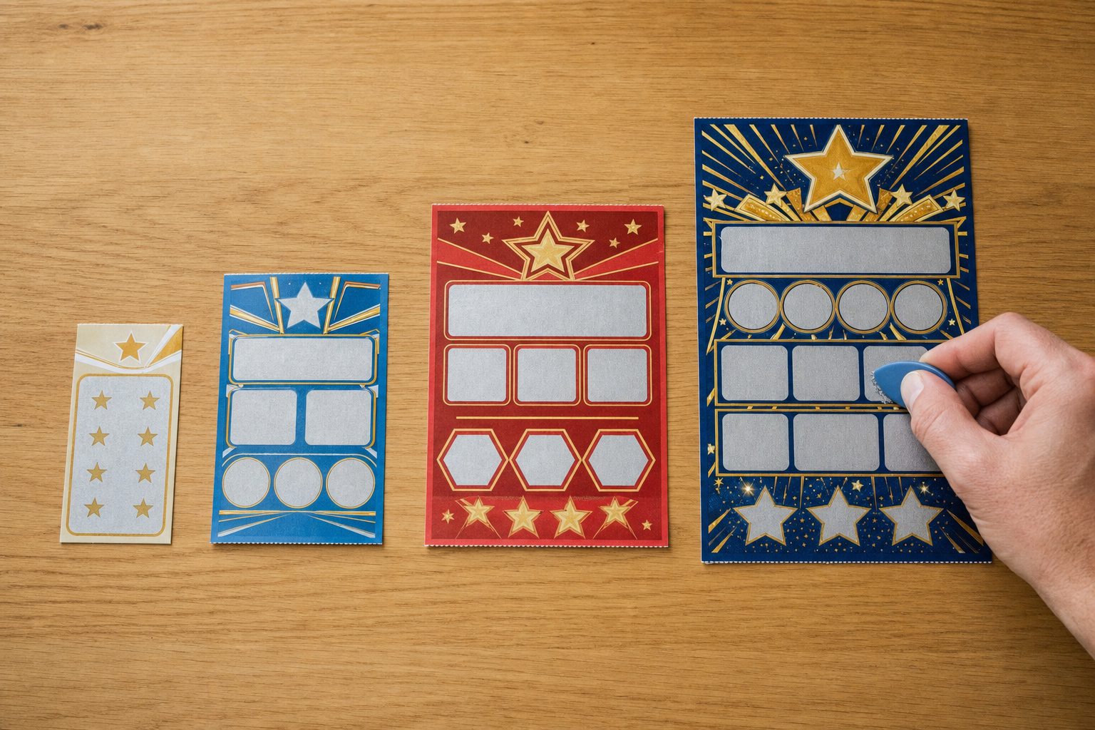 Illustrative flat-lay of scratch cards at increasing price tiers