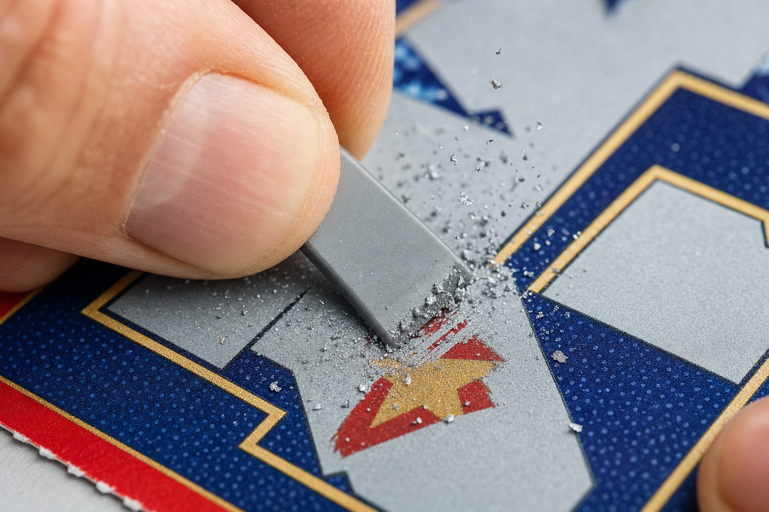 Illustrative close-up of a hand scratching the foil off an instant-win card
