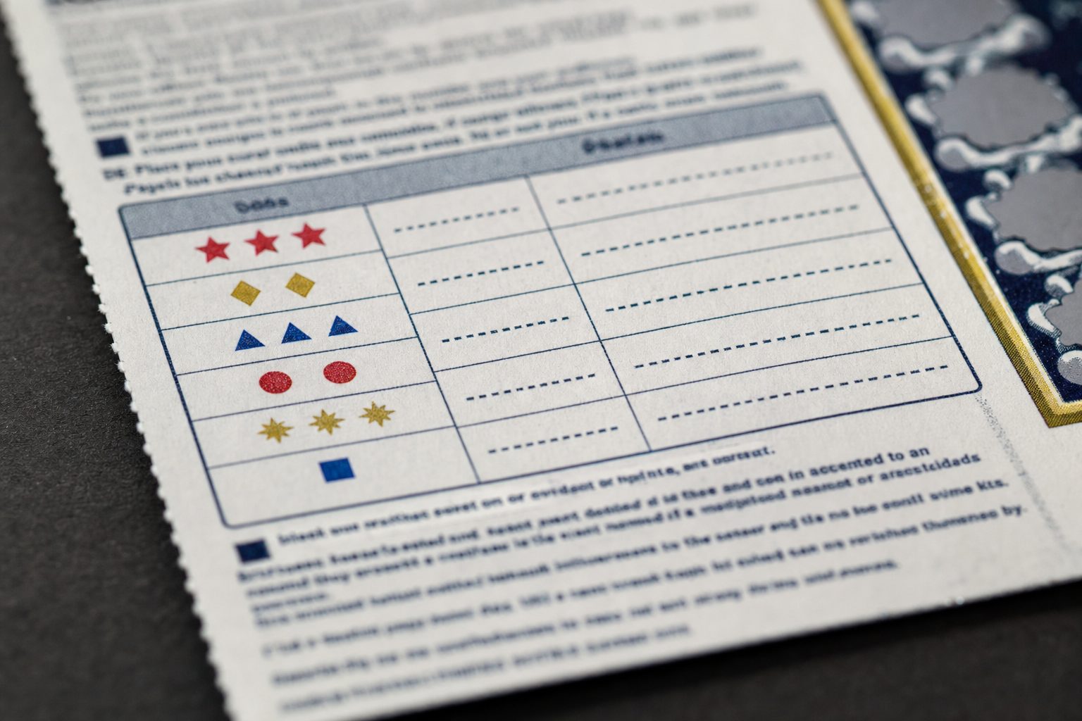 Illustrative macro close-up of odds and paytable info on a generic scratch card