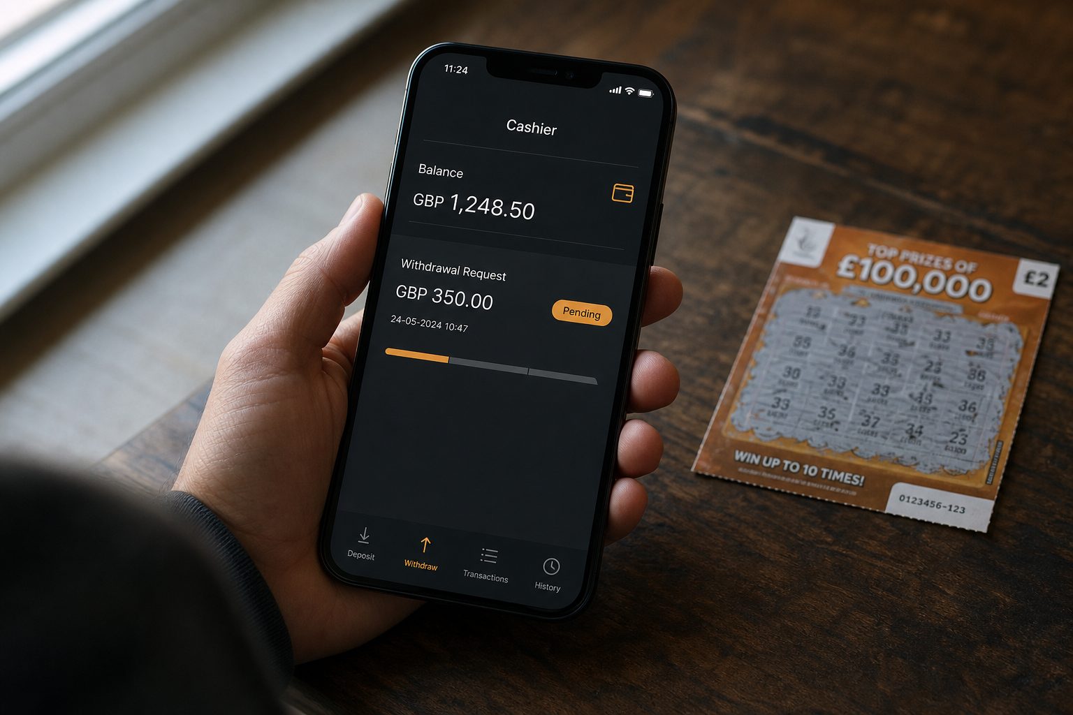 Illustrative view of a generic online casino cashier screen on a phone showing a withdrawal marked as pending