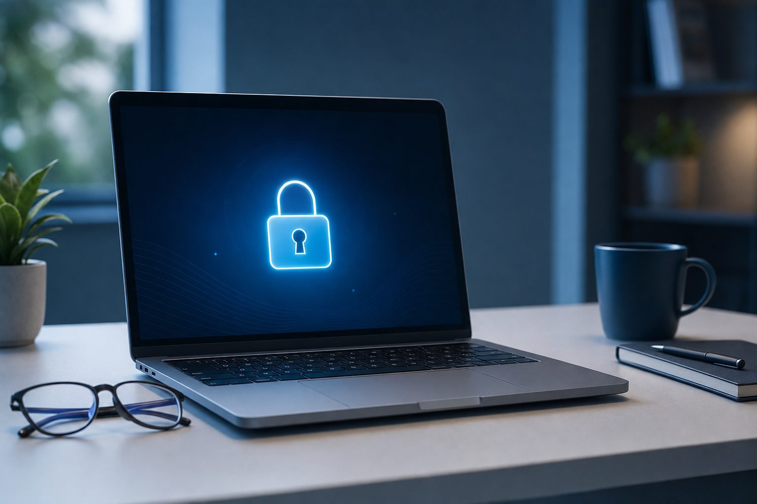 Illustrative image of a laptop with a padlock icon, representing data security