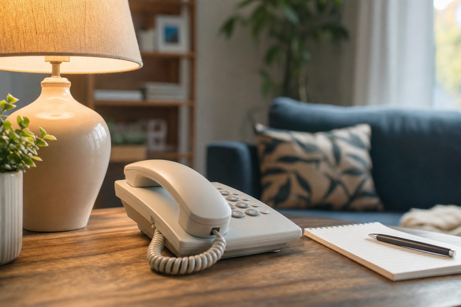 Illustrative calm scene with a telephone and notepad, representing reaching out for support