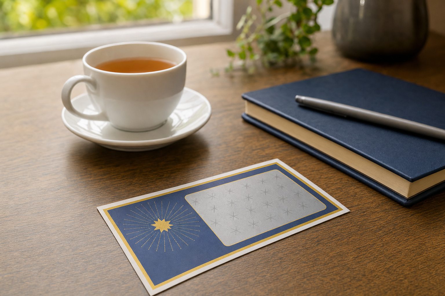 A calm still-life of an unscratched card, notebook and cup of tea, representing taking a break