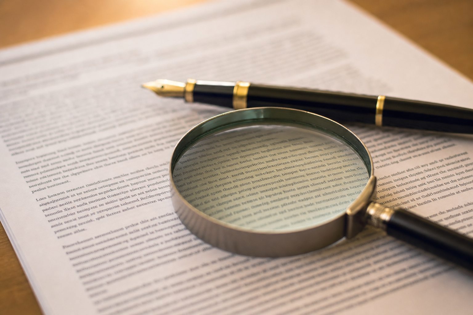 Illustrative close-up of a printed document with a magnifying glass