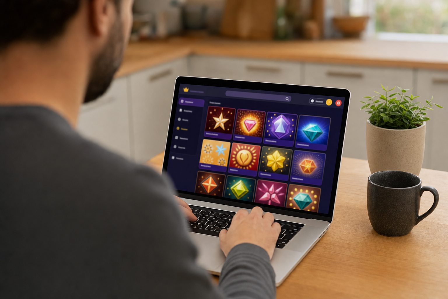 Illustrative view of someone browsing a generic online instant-win games lobby on a laptop