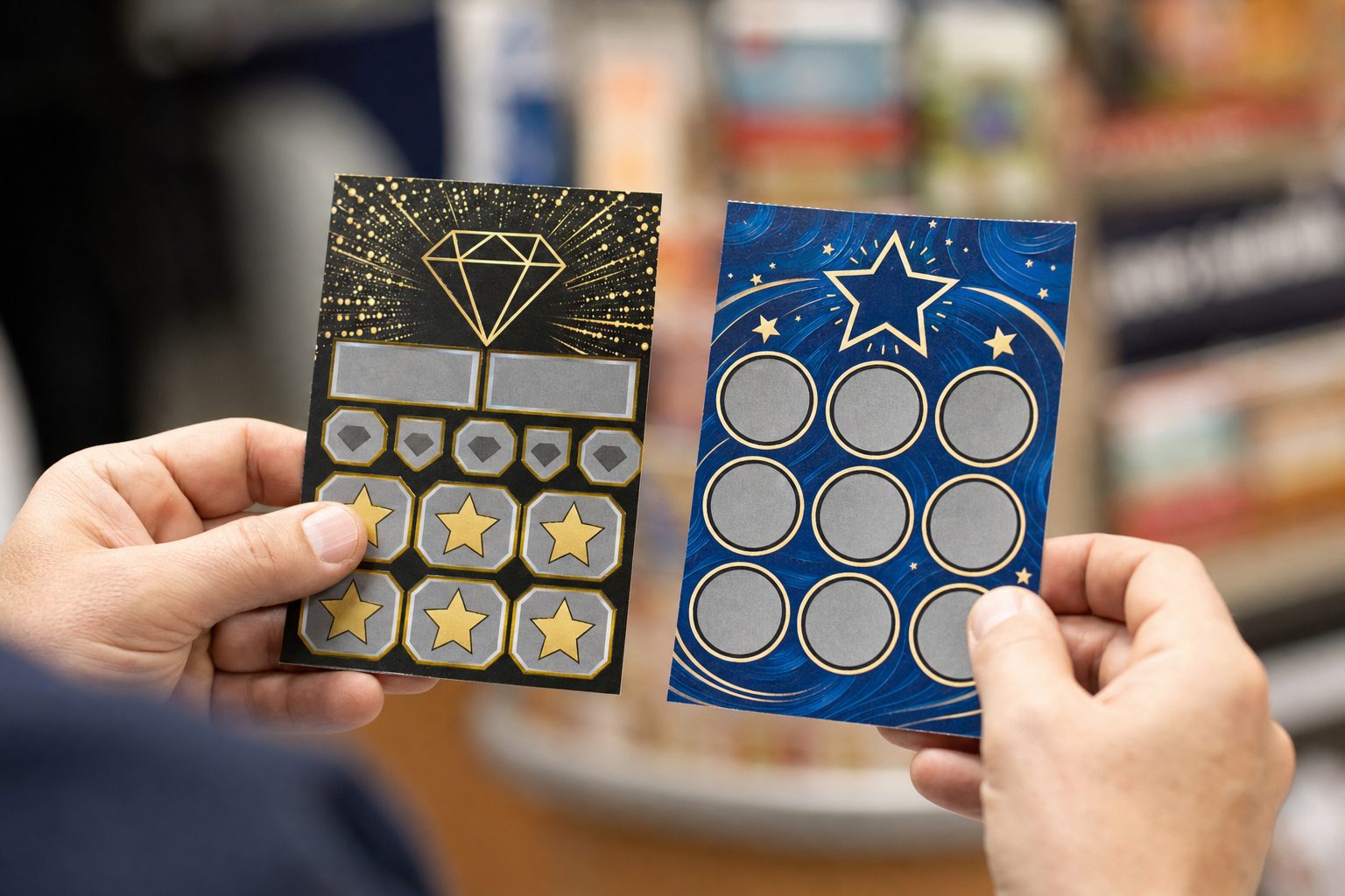 Illustrative photo of someone comparing two different generic scratch cards side by side